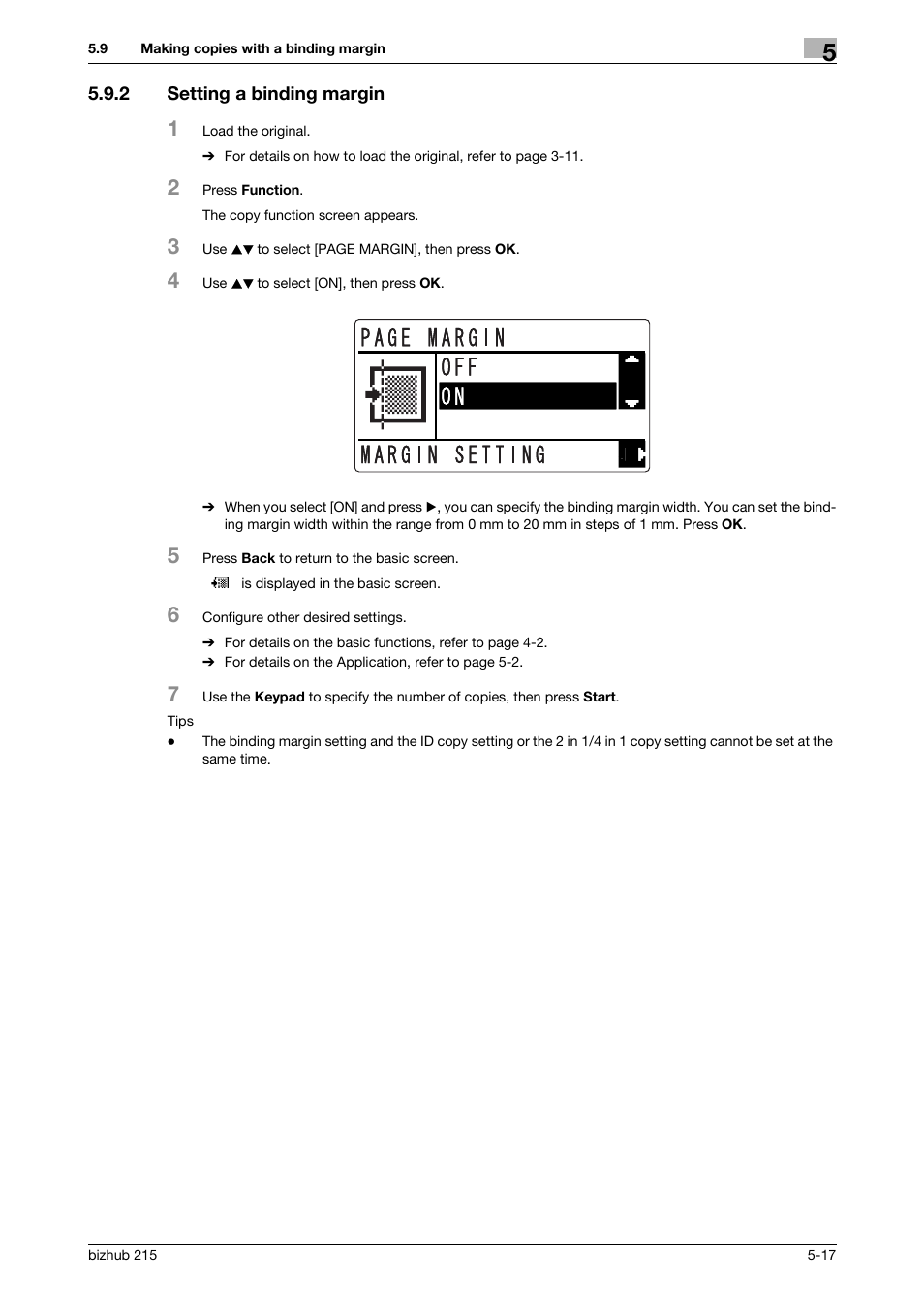 2 setting a binding margin, Setting a binding margin -17, P. 5-17 | Konica Minolta Bizhub 215 User Manual | Page 84 / 138