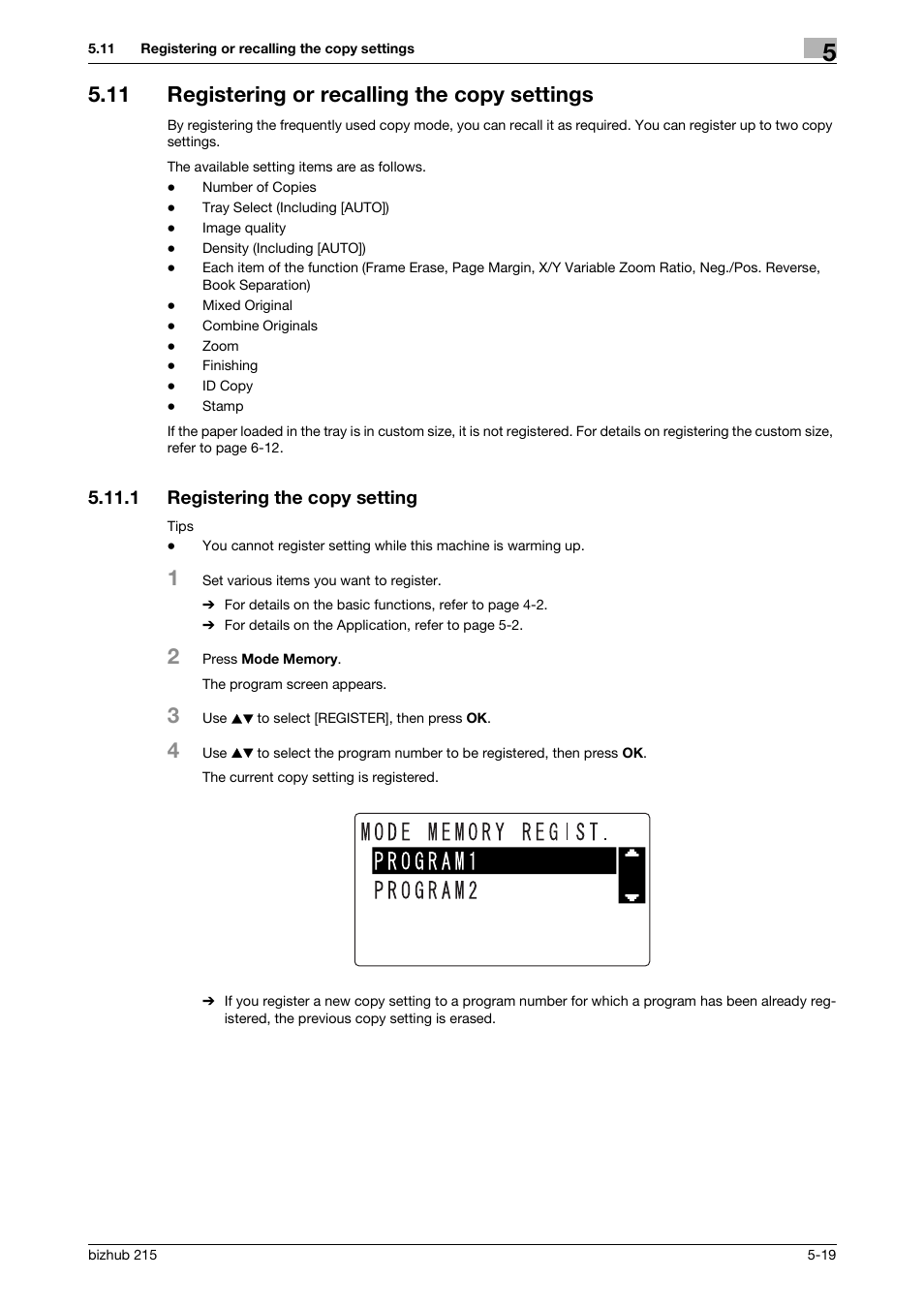 11 registering or recalling the copy settings, 1 registering the copy setting, Registering or recalling the copy settings -19 | Registering the copy setting -19, P. 5-19 | Konica Minolta Bizhub 215 User Manual | Page 86 / 138