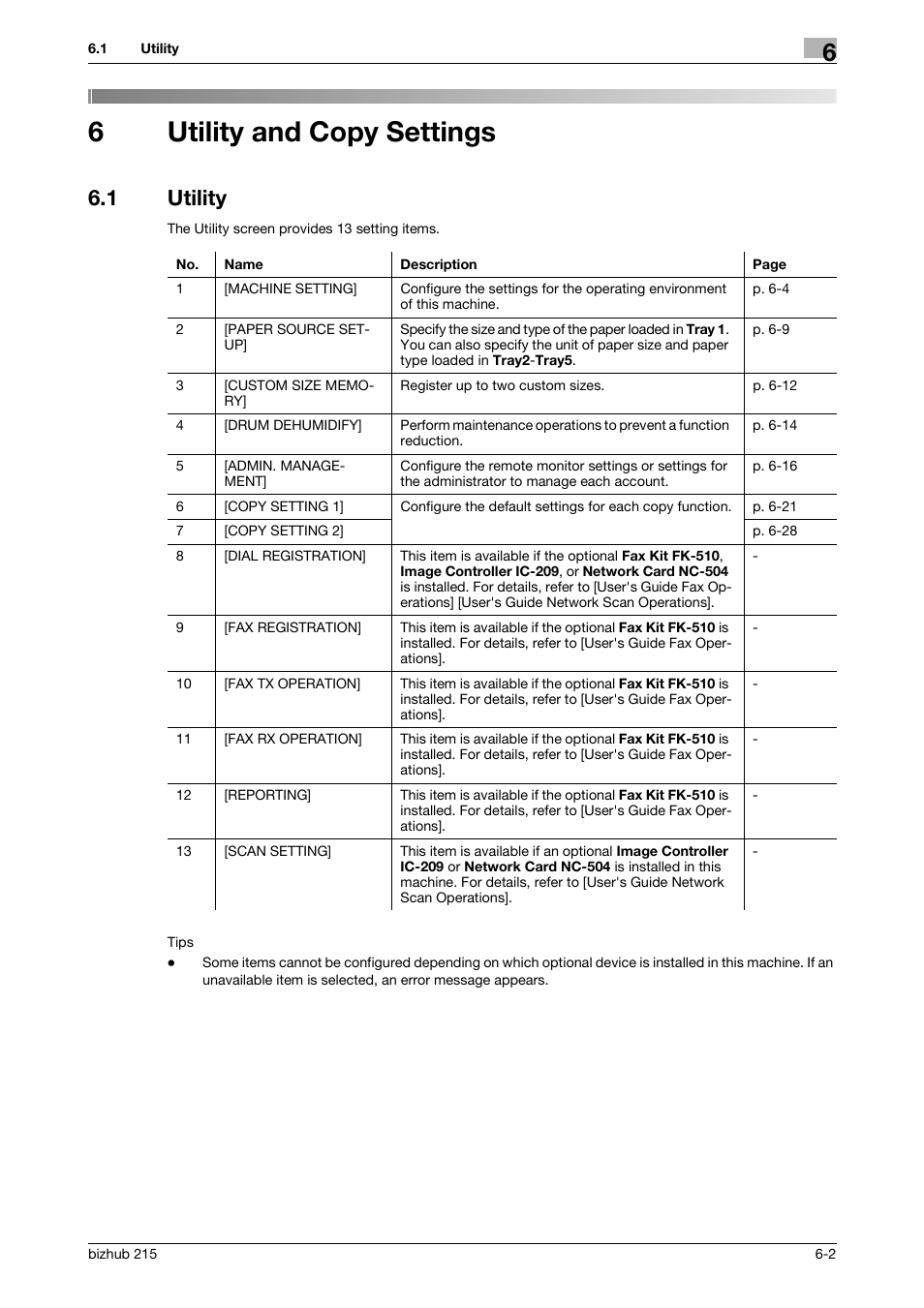 6 utility and copy settings, 1 utility, Utility and copy settings | Utility -2, P. 6-2, 6utility and copy settings | Konica Minolta Bizhub 215 User Manual | Page 89 / 138