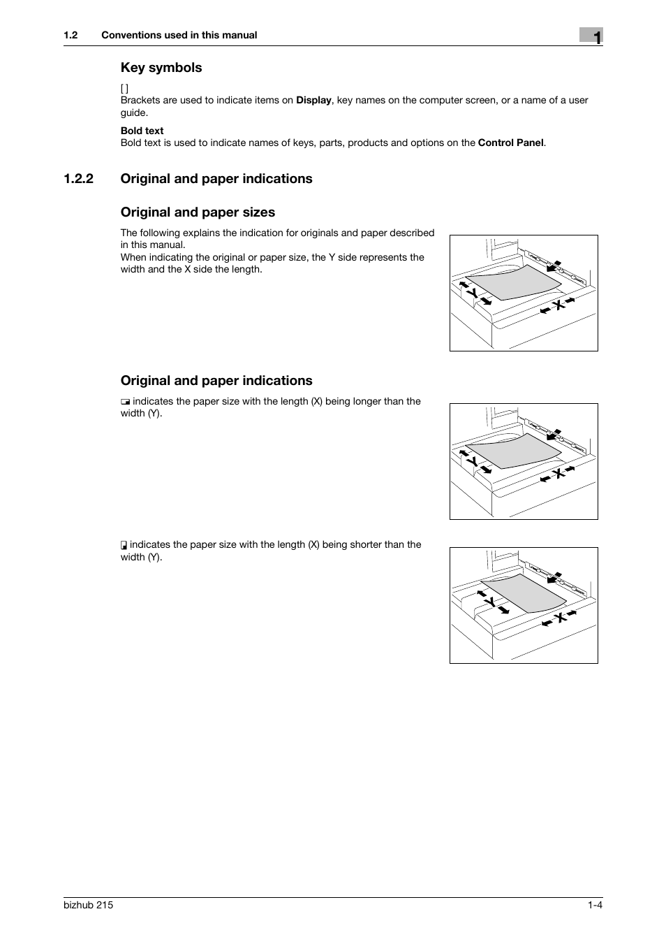 Key symbols, 2 original and paper indications, Original and paper sizes | Original and paper indications, Key symbols -4 | Konica Minolta Bizhub 215 User Manual | Page 9 / 138