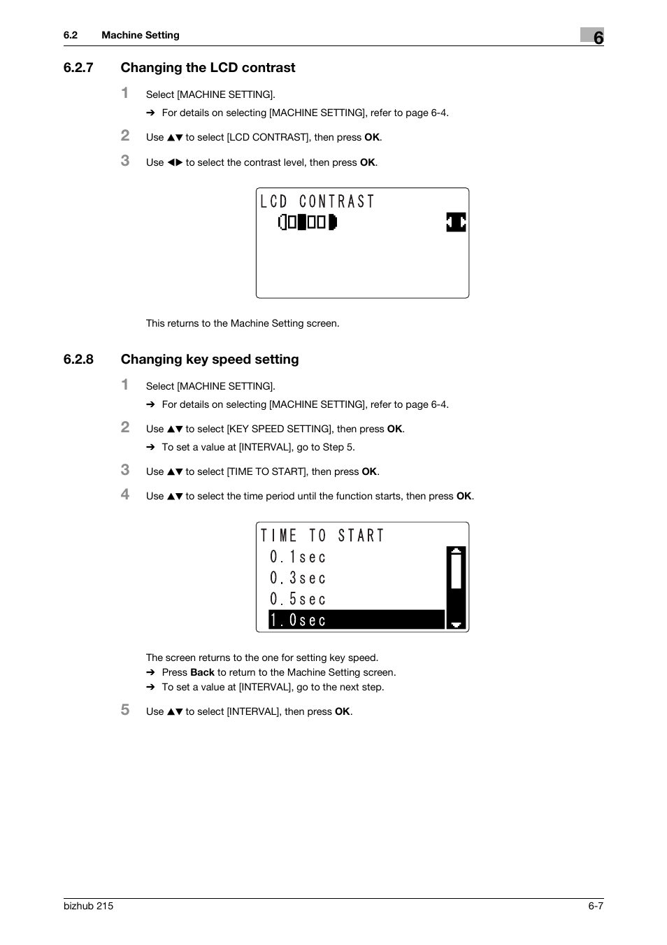 7 changing the lcd contrast, 8 changing key speed setting, Changing the lcd contrast -7 | Changing key speed setting -7 | Konica Minolta Bizhub 215 User Manual | Page 94 / 138