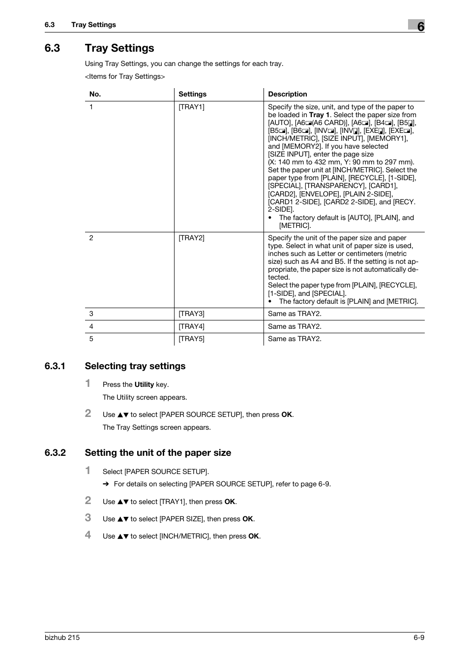 3 tray settings, 1 selecting tray settings, 2 setting the unit of the paper size | Tray settings -9, Selecting tray settings -9, Setting the unit of the paper size -9, P. 6-9 | Konica Minolta Bizhub 215 User Manual | Page 96 / 138