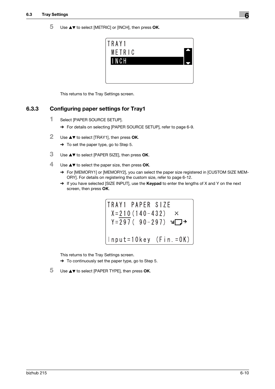 3 configuring paper settings for tray1, Configuring paper settings for tray1 -10 | Konica Minolta Bizhub 215 User Manual | Page 97 / 138