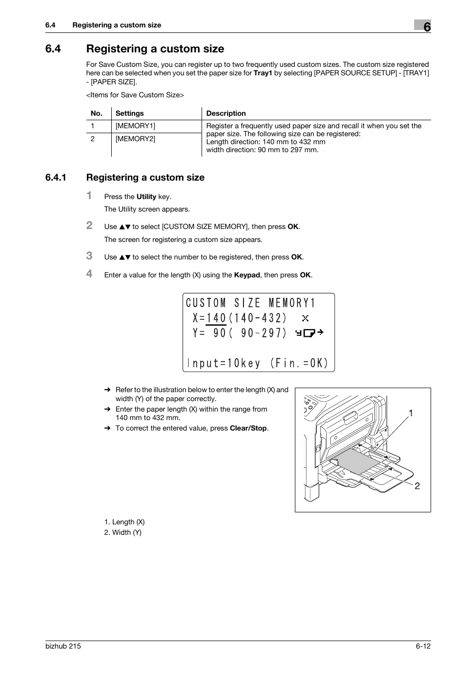 4 registering a custom size, 1 registering a custom size, Registering a custom size -12 | P. 6-12 | Konica Minolta Bizhub 215 User Manual | Page 99 / 138