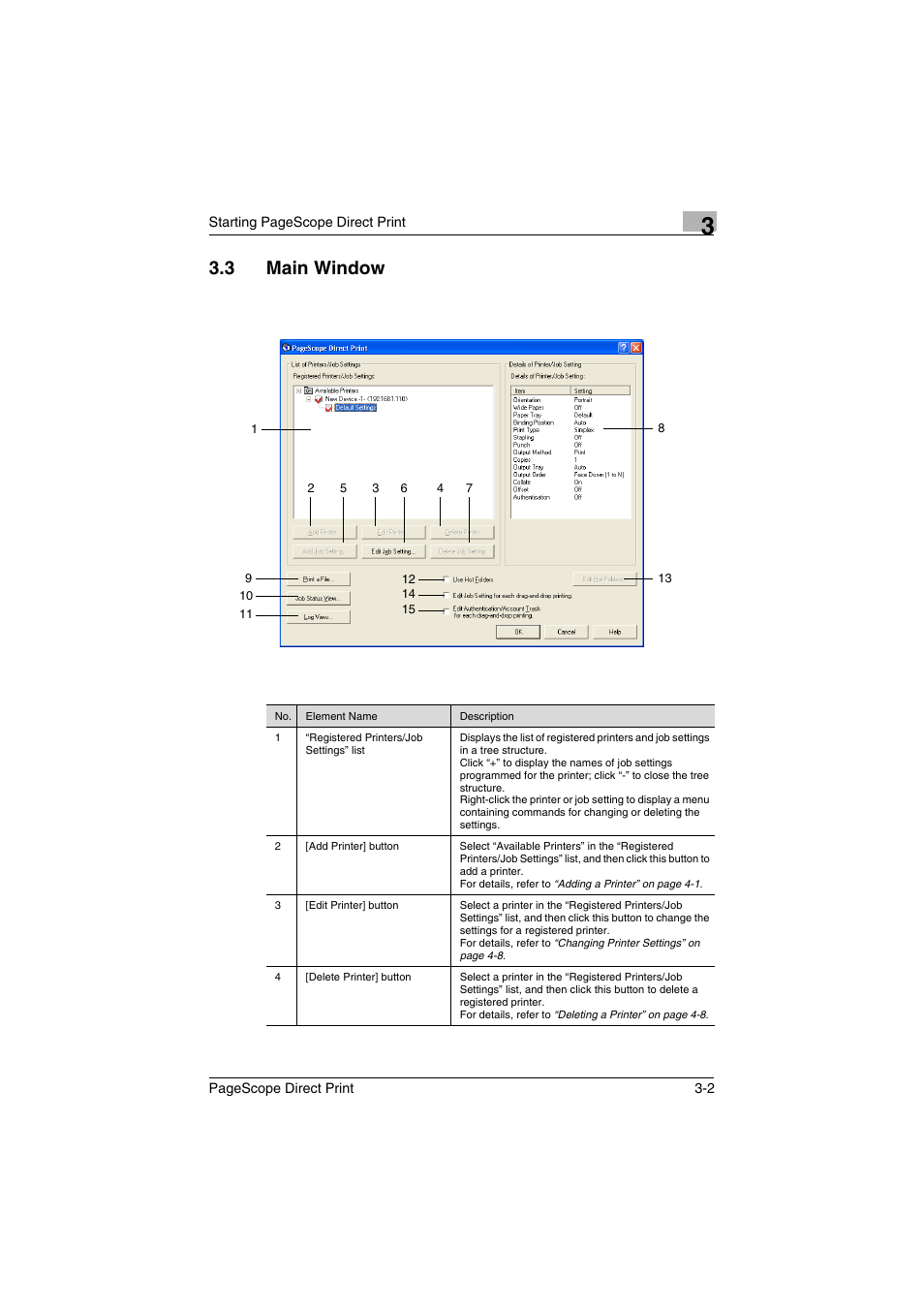 3 main window, Main window -2 | Konica Minolta PageScope Direct Print User Manual | Page 16 / 55