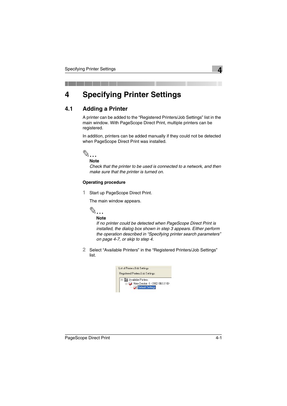 4 specifying printer settings, 1 adding a printer, Specifying printer settings | Adding a printer -1, 4specifying printer settings | Konica Minolta PageScope Direct Print User Manual | Page 18 / 55