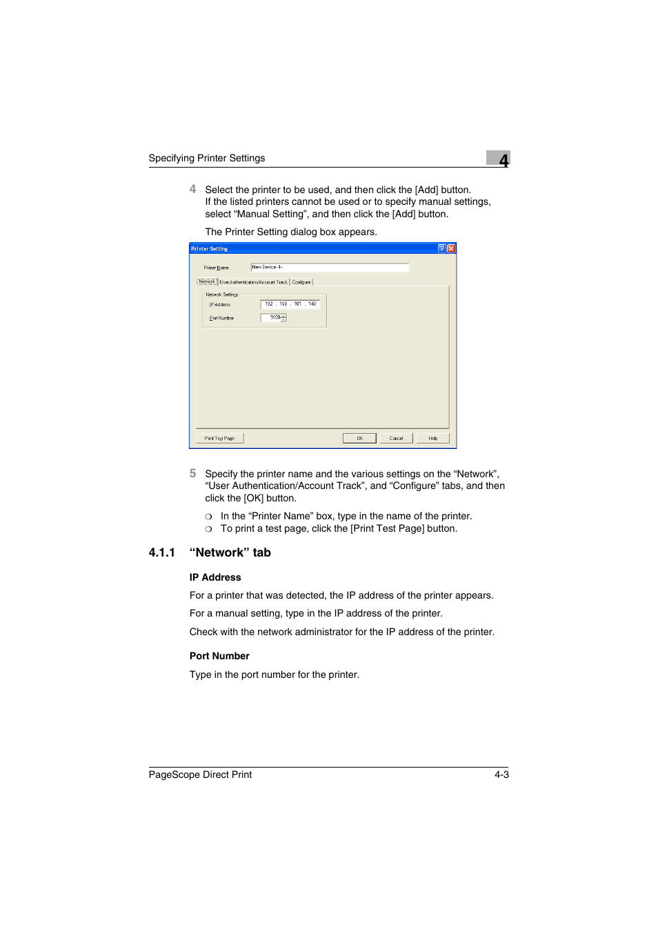 1 “network” tab, Network” tab -3 | Konica Minolta PageScope Direct Print User Manual | Page 20 / 55