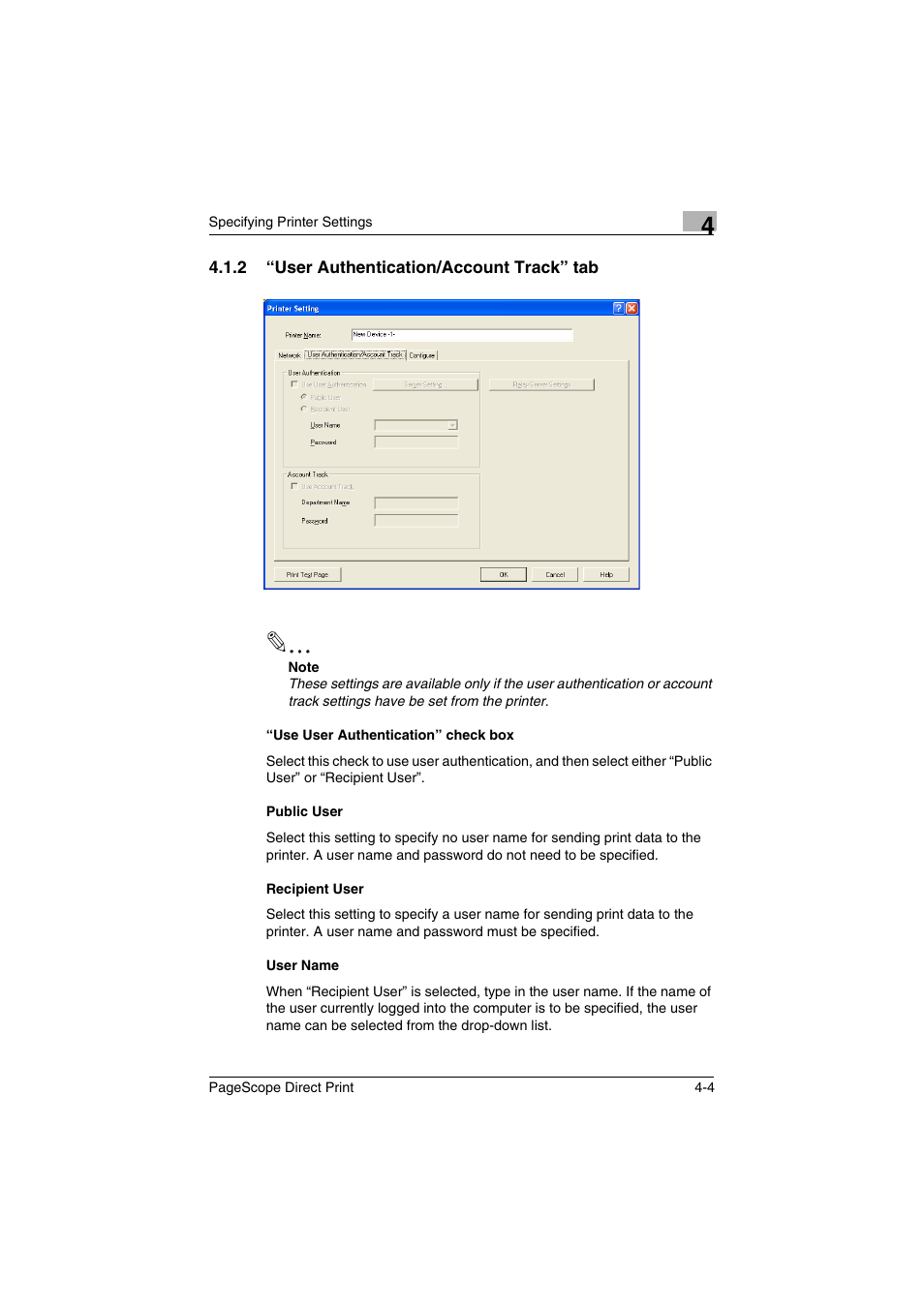 2 “user authentication/account track” tab, User authentication/account track” tab -4 | Konica Minolta PageScope Direct Print User Manual | Page 21 / 55