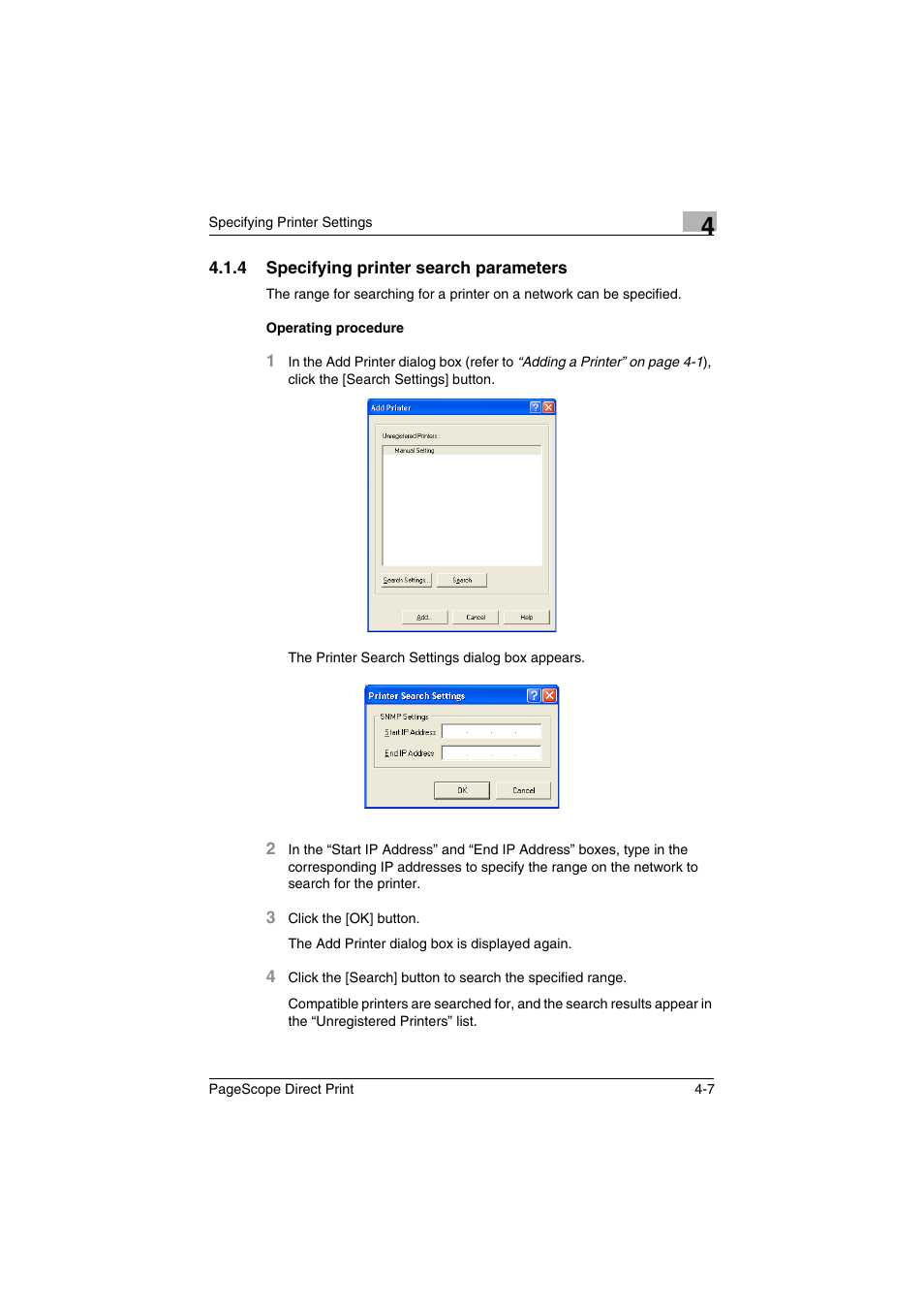 4 specifying printer search parameters, Specifying printer search parameters -7 | Konica Minolta PageScope Direct Print User Manual | Page 24 / 55