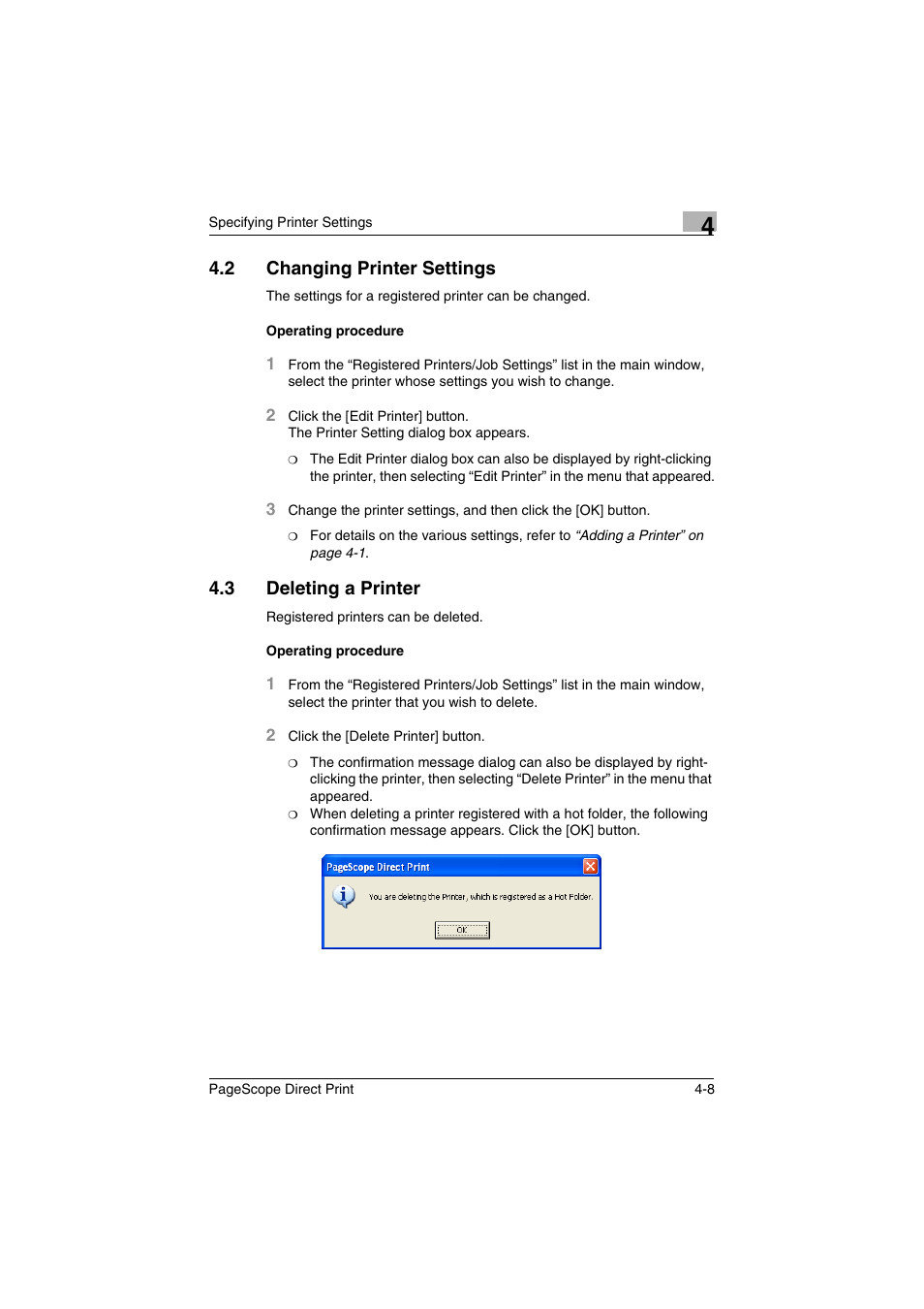 2 changing printer settings, 3 deleting a printer, Changing printer settings -8 | Deleting a printer -8 | Konica Minolta PageScope Direct Print User Manual | Page 25 / 55