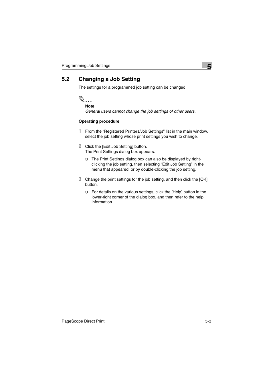2 changing a job setting, Changing a job setting -3 | Konica Minolta PageScope Direct Print User Manual | Page 29 / 55
