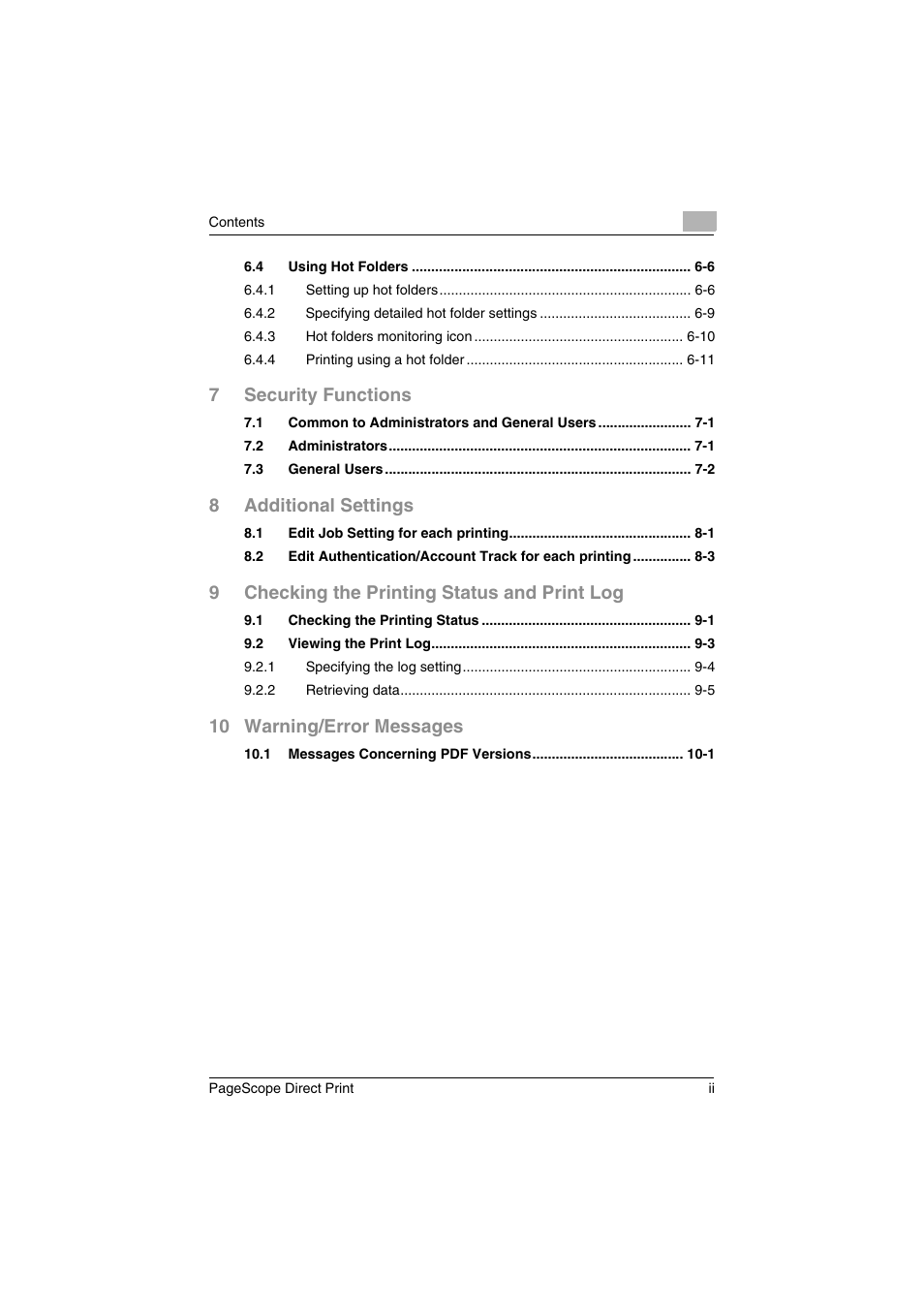 7security functions, 8additional settings, 9checking the printing status and print log | 10 warning/error messages | Konica Minolta PageScope Direct Print User Manual | Page 3 / 55