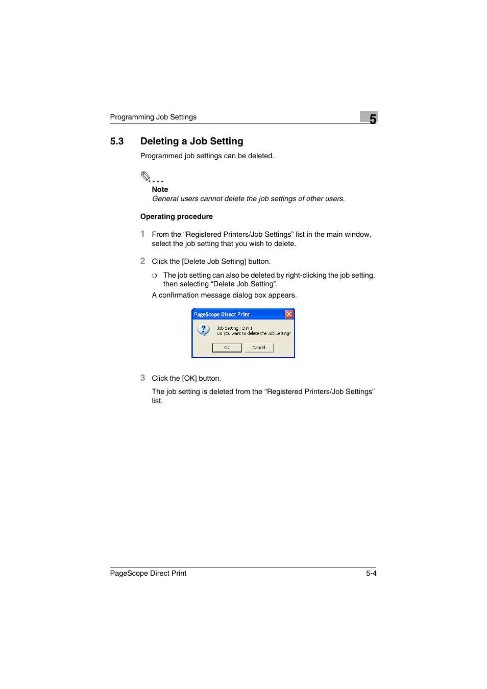 3 deleting a job setting, Deleting a job setting -4 | Konica Minolta PageScope Direct Print User Manual | Page 30 / 55