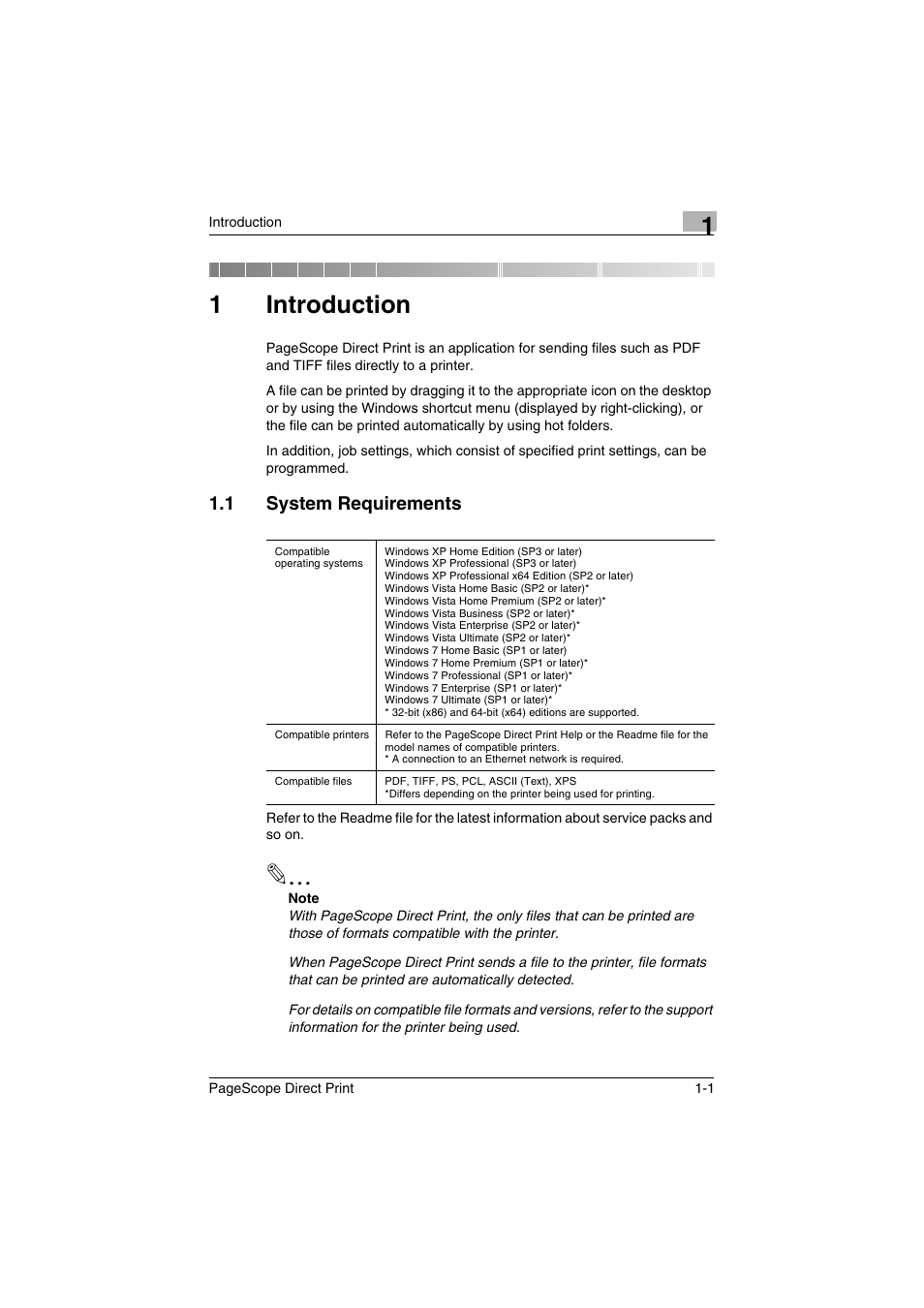 1 introduction, 1 system requirements, Introduction | System requirements -1, 1introduction | Konica Minolta PageScope Direct Print User Manual | Page 4 / 55