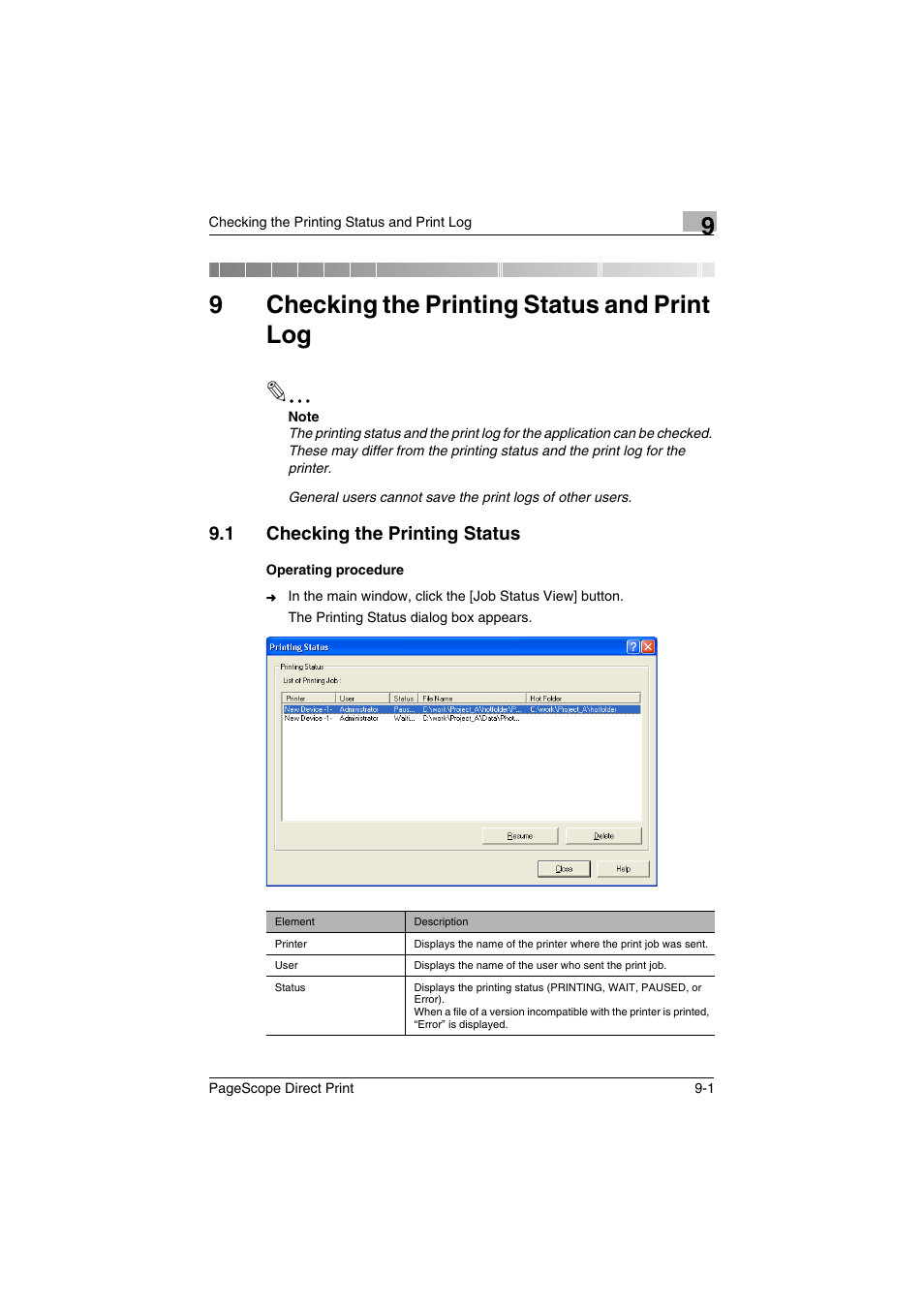 9 checking the printing status and print log, 1 checking the printing status, Checking the printing status and print log | Checking the printing status -1, 9checking the printing status and print log | Konica Minolta PageScope Direct Print User Manual | Page 48 / 55