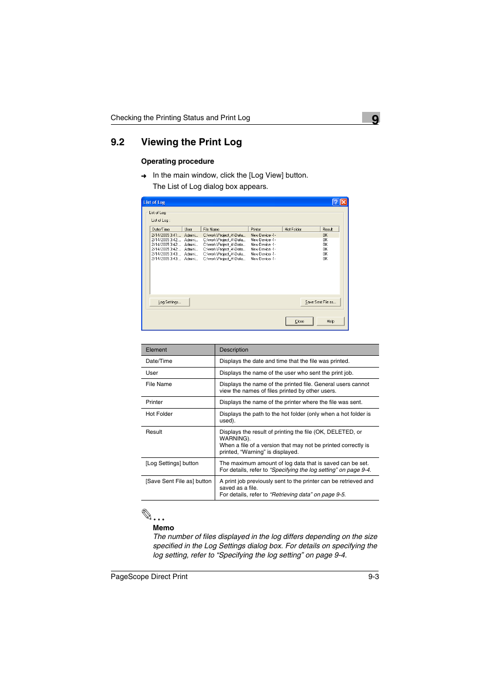 2 viewing the print log, Viewing the print log -3 | Konica Minolta PageScope Direct Print User Manual | Page 50 / 55