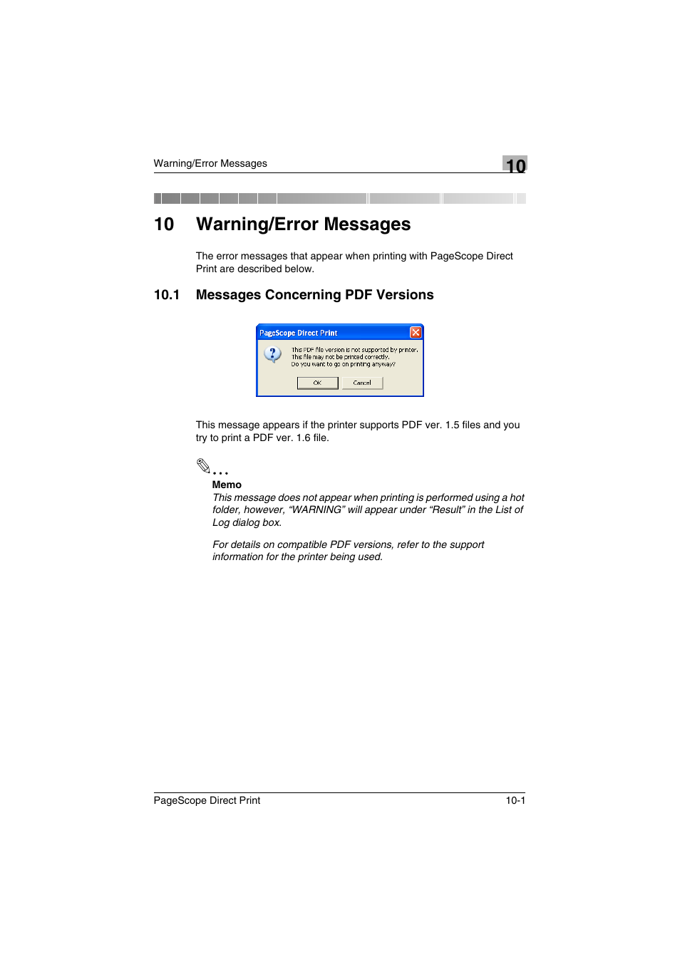 10 warning/error messages, 1 messages concerning pdf versions, Messages concerning pdf versions -1 | Konica Minolta PageScope Direct Print User Manual | Page 53 / 55