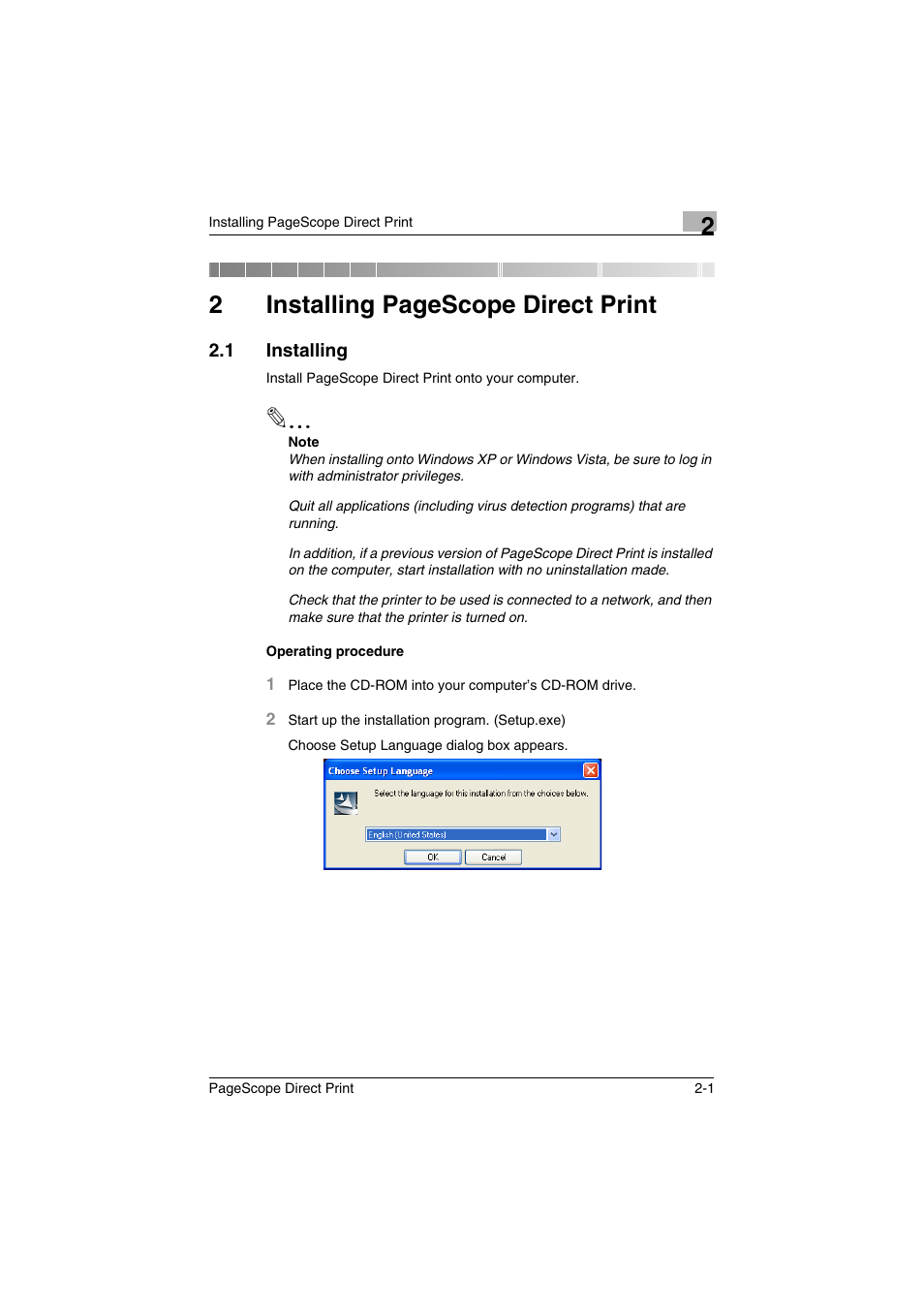 1 installing, Installing -1, 2installing pagescope direct print | Konica Minolta PageScope Direct Print User Manual | Page 8 / 55