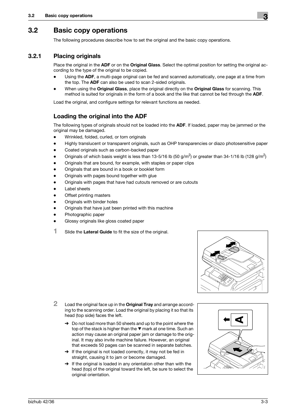 2 basic copy operations, 1 placing originals, Loading the original into the adf | Basic copy operations -3 | Konica Minolta bizhub 42 User Manual | Page 21 / 109