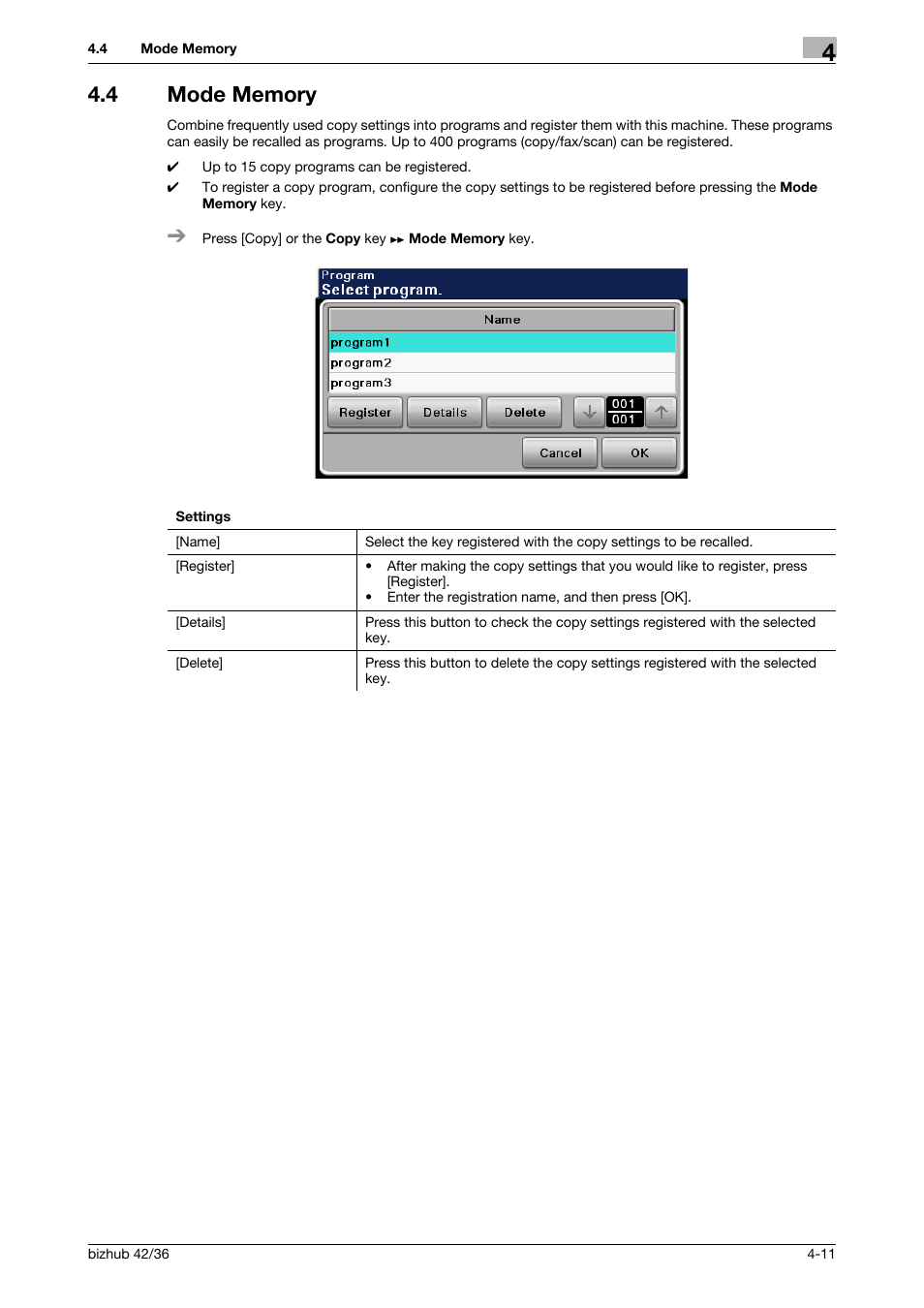 4 mode memory, Mode memory -11, P. 4-11 | Konica Minolta bizhub 42 User Manual | Page 37 / 109