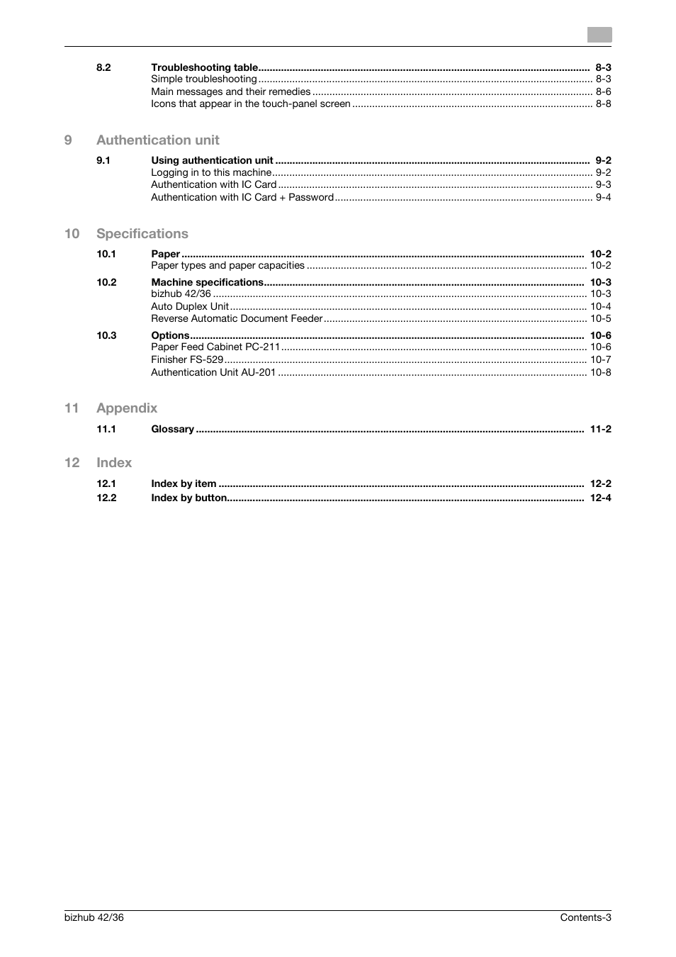 9authentication unit, 10 specifications, 11 appendix | 12 index | Konica Minolta bizhub 42 User Manual | Page 4 / 109