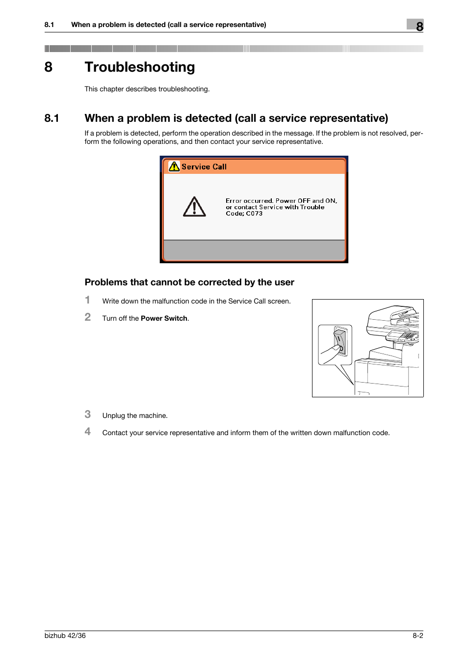 8 troubleshooting, Problems that cannot be corrected by the user, Troubleshooting | 8troubleshooting | Konica Minolta bizhub 42 User Manual | Page 82 / 109