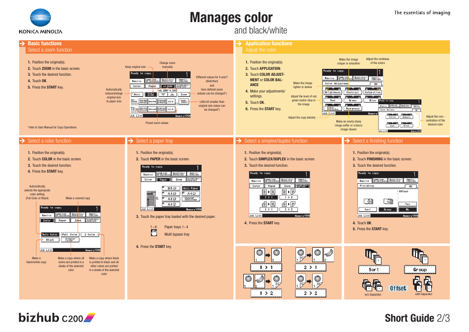 Manages color, Short guide 2/3, And black/white | Konica Minolta bizhub C200 User Manual | Page 2 / 3