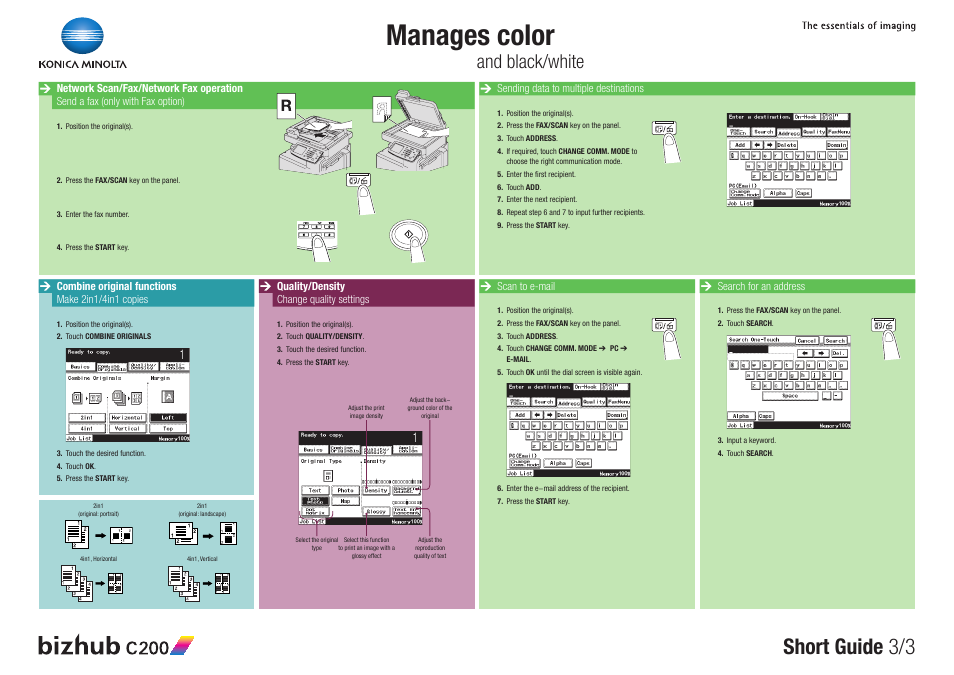 Manages color, Short guide 3/3, And black/white | Konica Minolta bizhub C200 User Manual | Page 3 / 3