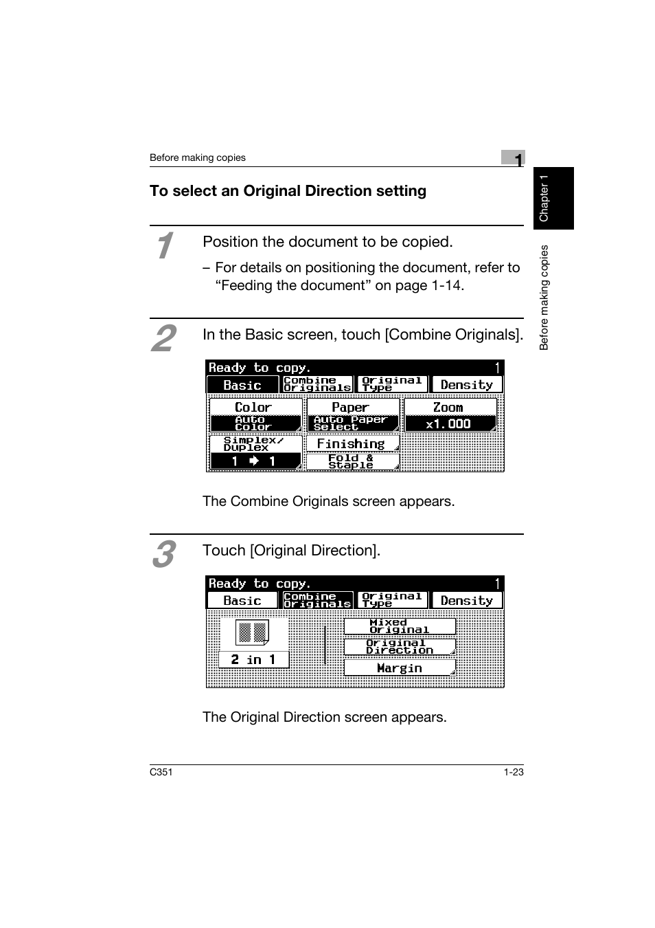 To select an original direction setting, To select an original direction setting -23 | Konica Minolta BIZHUB C351 User Manual | Page 32 / 158