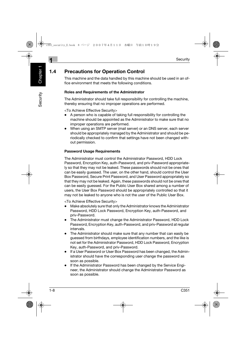 4 precautions for operation control, Roles and requirements of the administrator, Password usage requirements | Precautions for operation control -8 | Konica Minolta BIZHUB C351 User Manual | Page 15 / 188