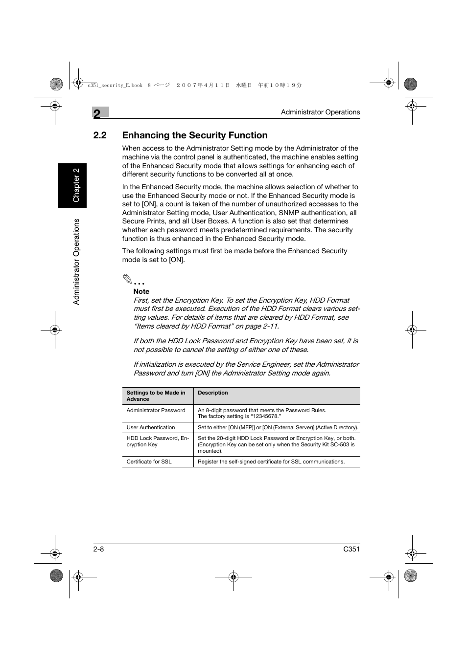 2 enhancing the security function, Enhancing the security function -8 | Konica Minolta BIZHUB C351 User Manual | Page 27 / 188