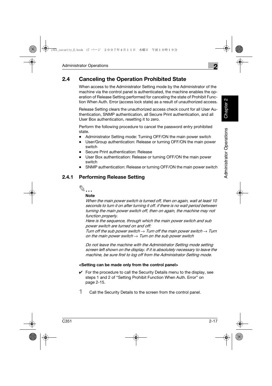 4 canceling the operation prohibited state, 1 performing release setting, Setting can be made only from the control panel | Canceling the operation prohibited state -17 | Konica Minolta BIZHUB C351 User Manual | Page 36 / 188