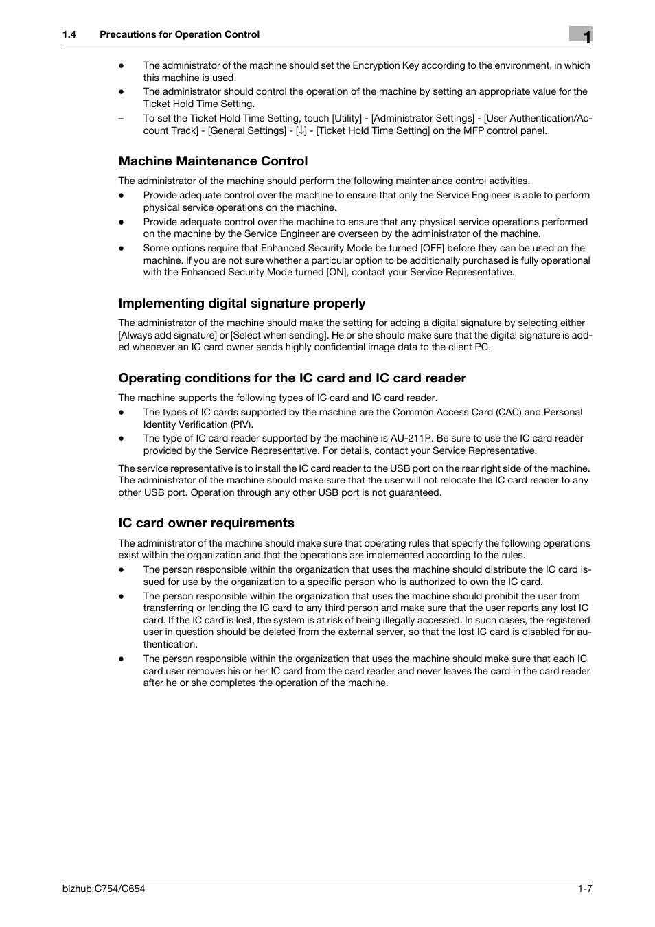 Machine maintenance control, Implementing digital signature properly, Ic card owner requirements | Konica Minolta bizhub C654 User Manual | Page 10 / 58