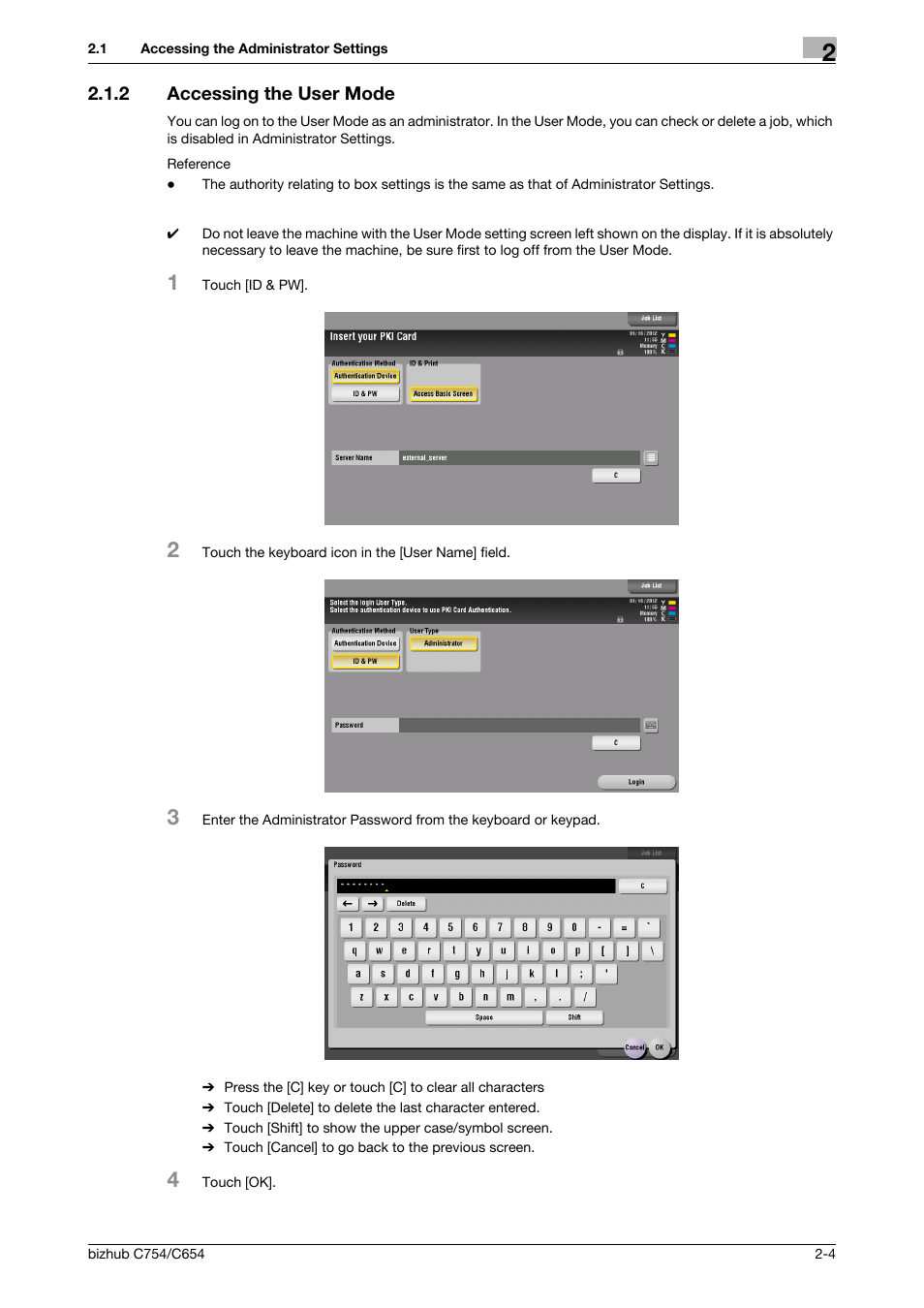 2 accessing the user mode, Accessing the user mode -4 | Konica Minolta bizhub C654 User Manual | Page 16 / 58