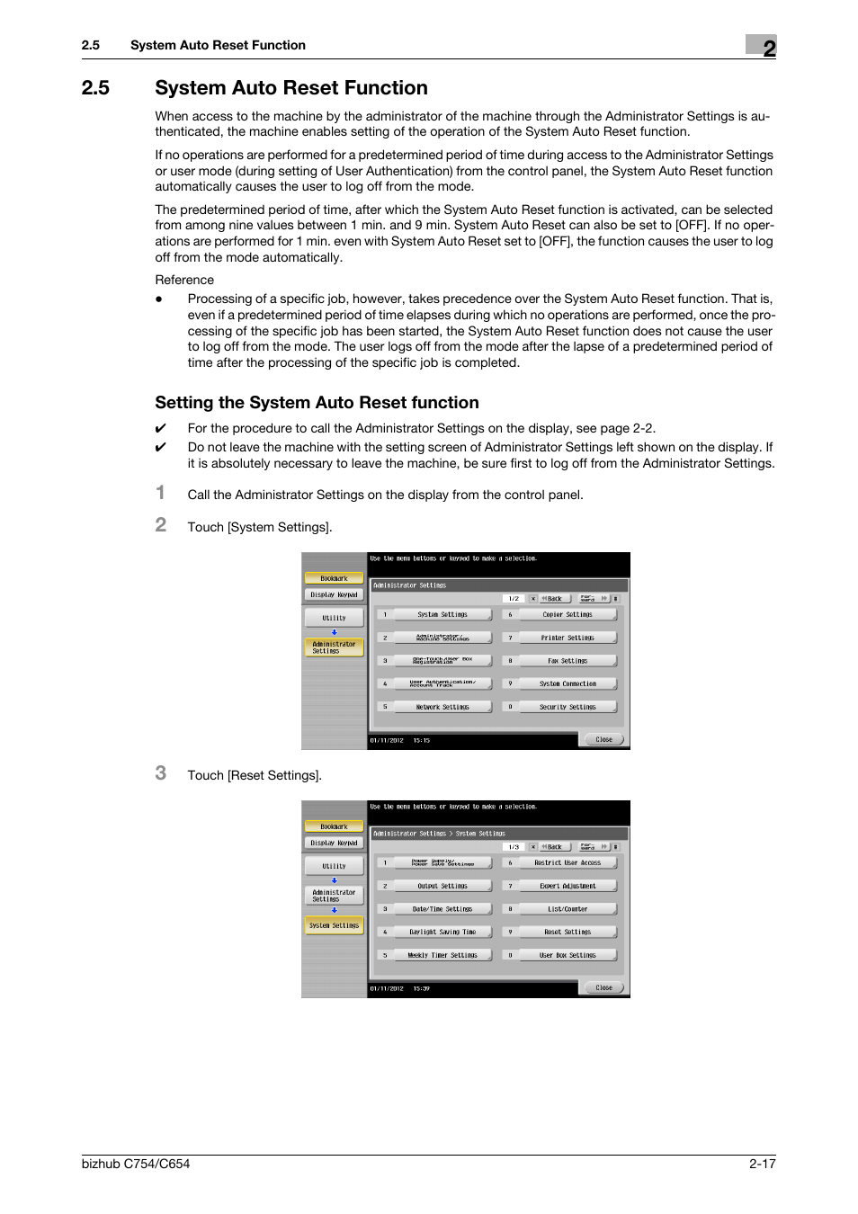 5 system auto reset function, Setting the system auto reset function | Konica Minolta bizhub C654 User Manual | Page 29 / 58