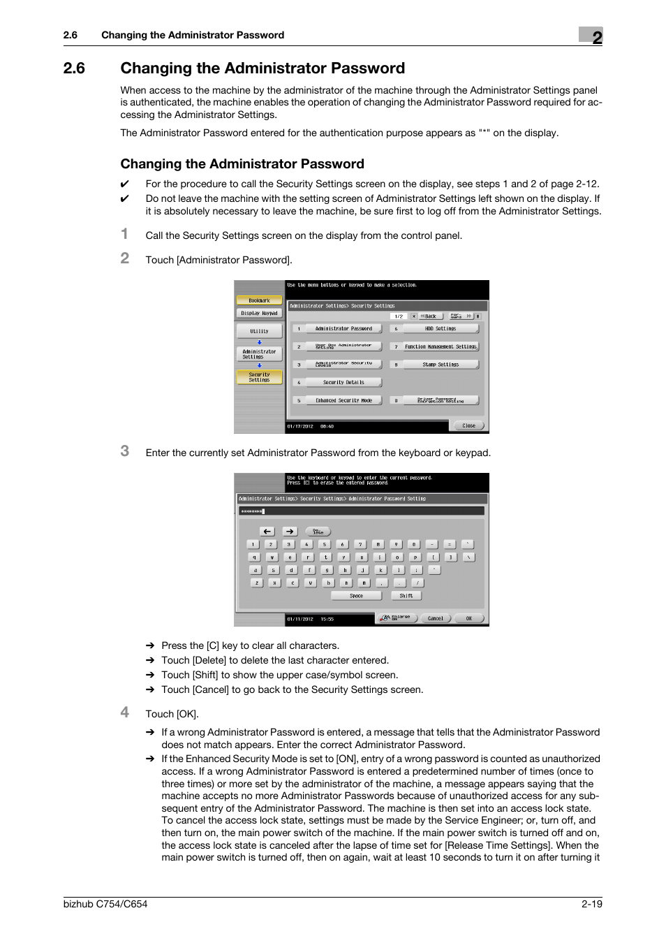 6 changing the administrator password, Changing the administrator password | Konica Minolta bizhub C654 User Manual | Page 31 / 58