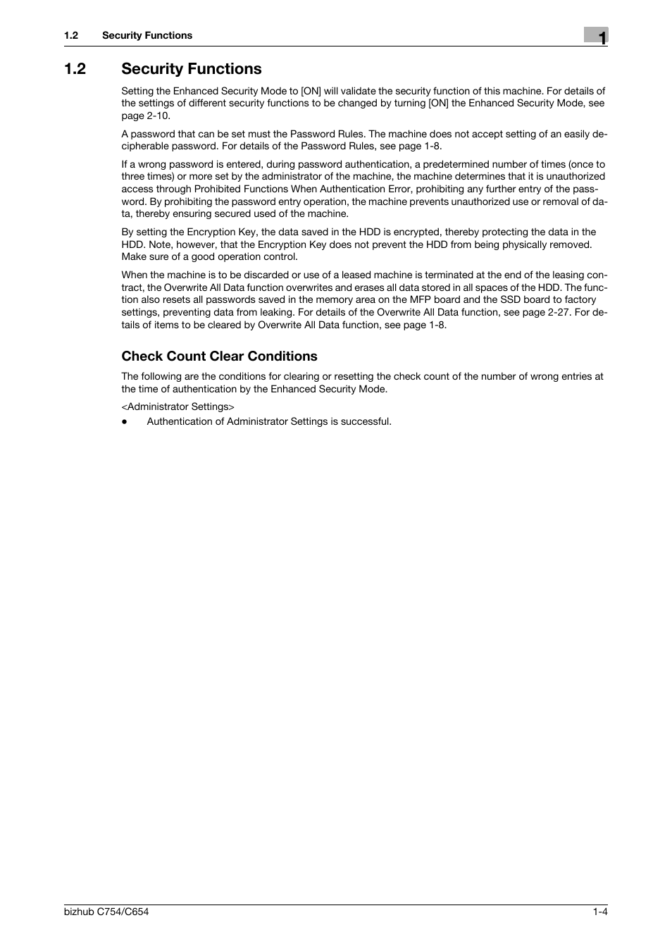 2 security functions, Check count clear conditions | Konica Minolta bizhub C654 User Manual | Page 7 / 58