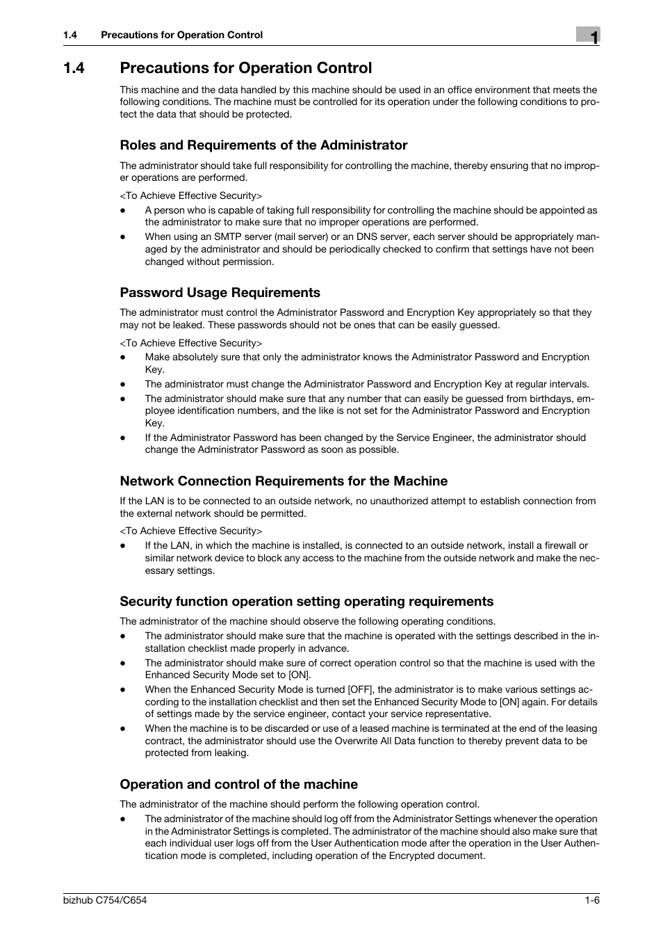 4 precautions for operation control, Roles and requirements of the administrator, Password usage requirements | Network connection requirements for the machine, Operation and control of the machine | Konica Minolta bizhub C654 User Manual | Page 9 / 58