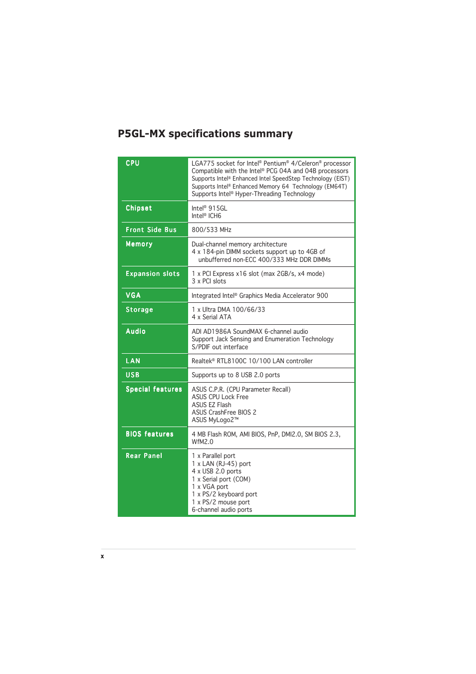 P5gl-mx specifications summary | Asus P5GL-MX User Manual | Page 10 / 94