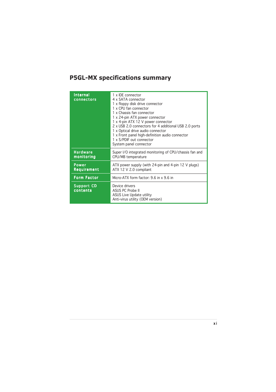 P5gl-mx specifications summary | Asus P5GL-MX User Manual | Page 11 / 94