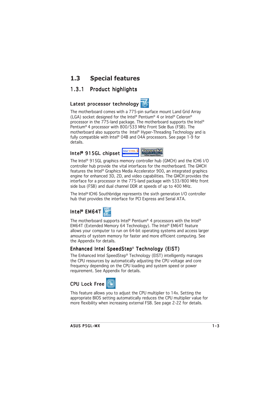 3 special features | Asus P5GL-MX User Manual | Page 15 / 94