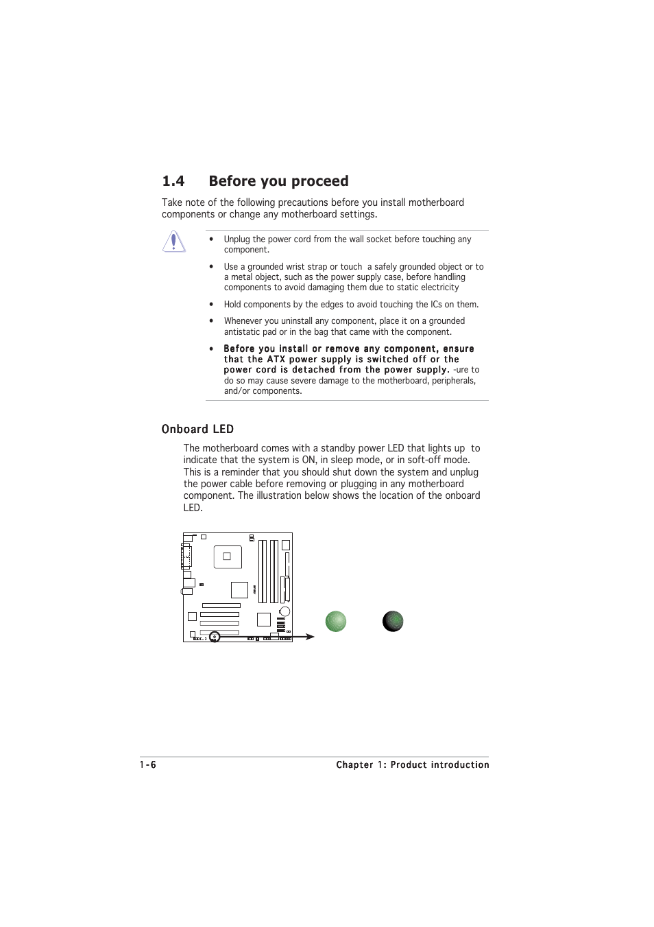 4 before you proceed, Onboard led | Asus P5GL-MX User Manual | Page 18 / 94