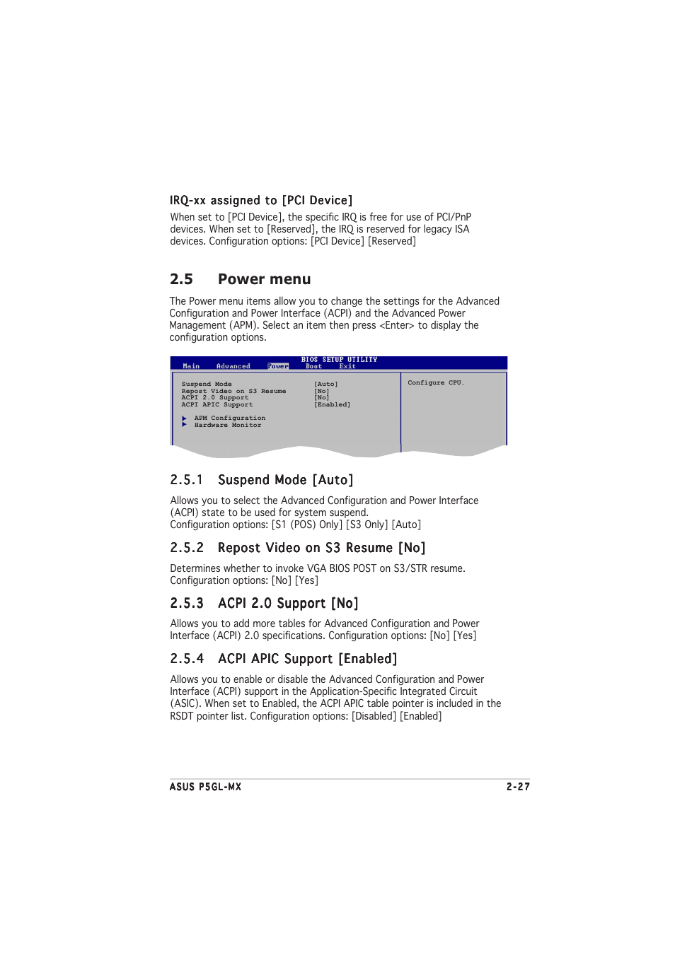 5 power menu | Asus P5GL-MX User Manual | Page 73 / 94