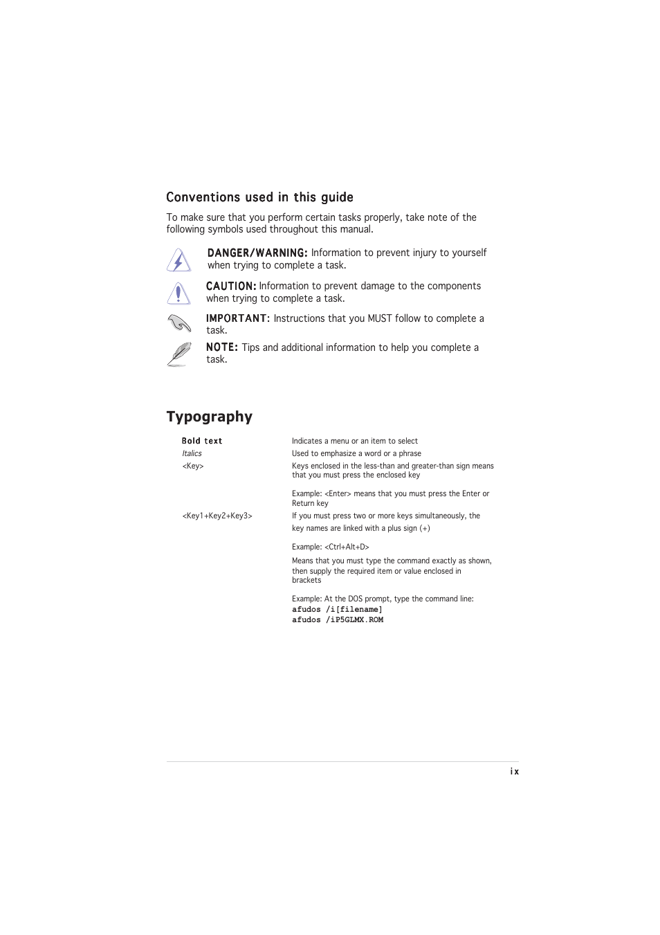 Typography, Conventions used in this guide | Asus P5GL-MX User Manual | Page 9 / 94