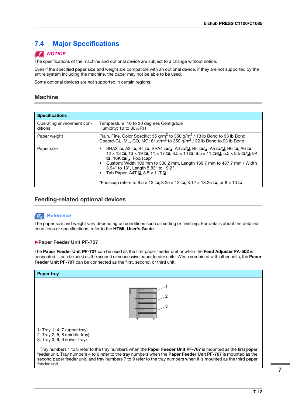 4 major specifications, Machine, Feeding-related optional devices | Paper feeder unit pf-707, Major specifications -12, Machine -12, Feeding-related optional devices -12, Paper feeder unit pf-707 -12, Machine feeding-related optional devices | Konica Minolta bizhub PRESS C1100 User Manual | Page 101 / 123