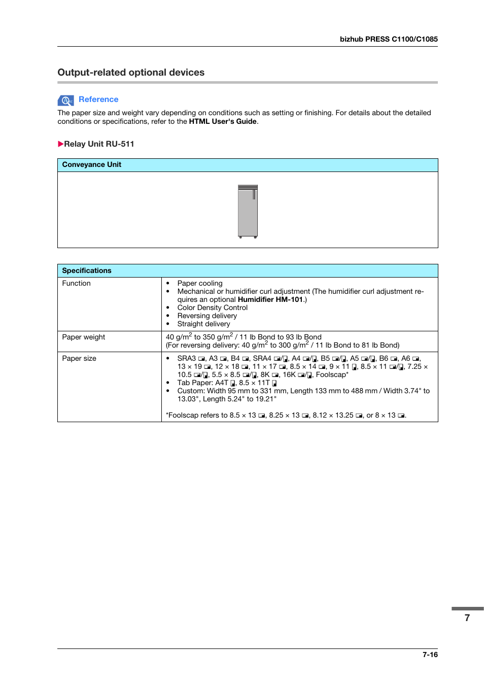 Output-related optional devices, Relay unit ru-511, Output-related optional devices -16 | Relay unit ru-511 -16, 7output-related optional devices | Konica Minolta bizhub PRESS C1100 User Manual | Page 105 / 123