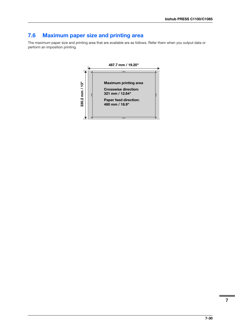 6 maximum paper size and printing area, Maximum paper size and printing area -30 | Konica Minolta bizhub PRESS C1100 User Manual | Page 119 / 123