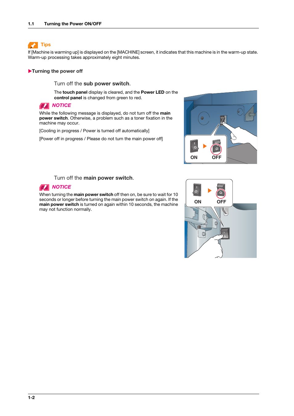 Turning the power off, Turning the power off -2 | Konica Minolta bizhub PRESS C1100 User Manual | Page 12 / 123