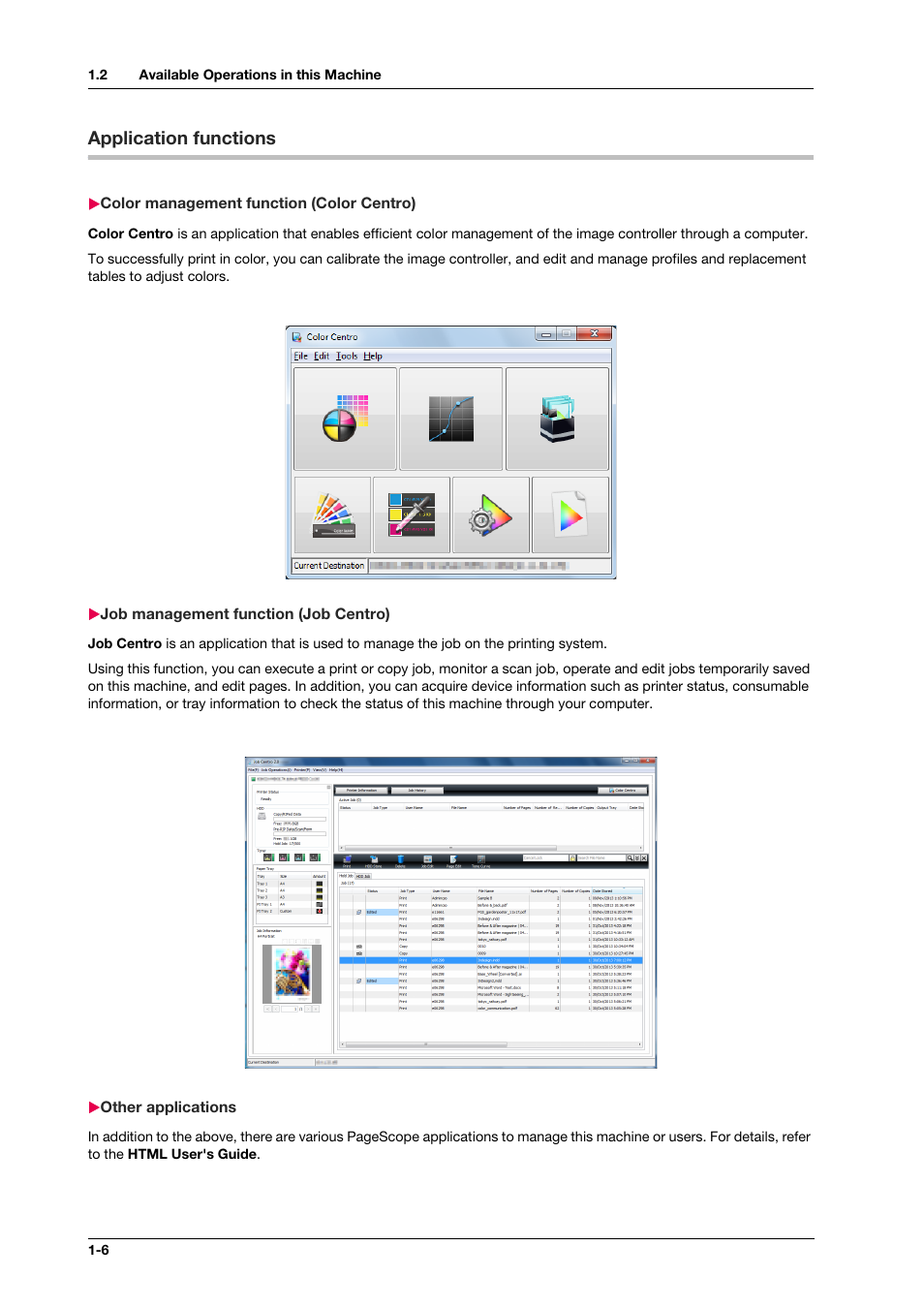 Application functions, Color management function (color centro), Job management function (job centro) | Other applications, Application functions -6 | Konica Minolta bizhub PRESS C1100 User Manual | Page 16 / 123