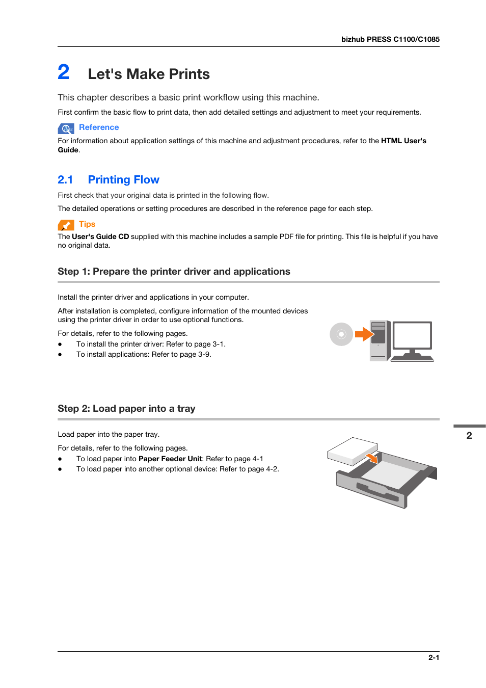 2 let's make prints, 1 printing flow, Step 2: load paper into a tray | Let's make prints, Printing flow -1, Step 2: load paper into a tray -1 | Konica Minolta bizhub PRESS C1100 User Manual | Page 17 / 123